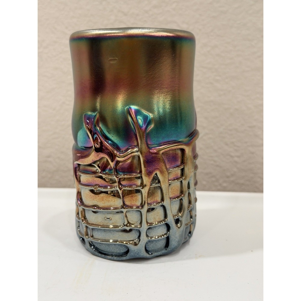 Vintage Iridescent Art Glass Vase Raised Grid Rainbow Metallic